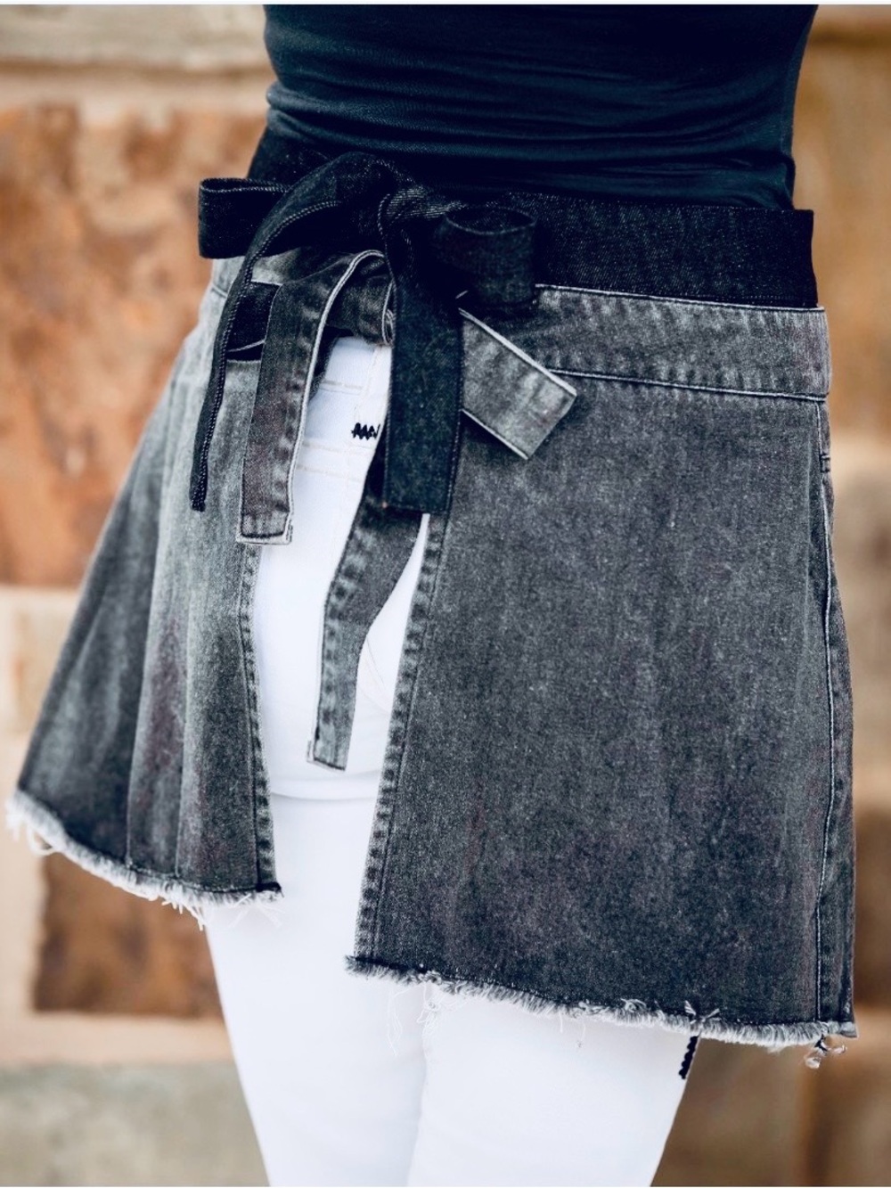 Women's Black Denim Waist Apron with Tie Belt